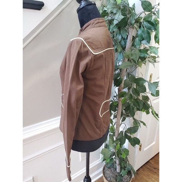 Women's Brown Canvas 100% Cotton White Edging Trims Full Zip Jacket Size Medium - Picture 6 of 14